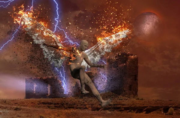 Surreal Digital Art Lightning Strikes Spooky Ruins Naked Man Burning — Stock Photo, Image