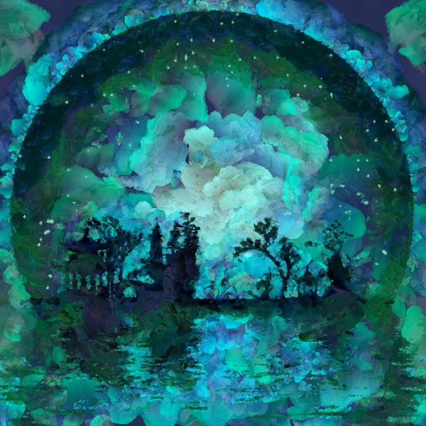 Oil Painting Asian Silhouettes Waterfront Giant Moon Horizon — Stock Photo, Image
