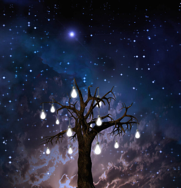 Surrealism. Tree with light bulbs represents ideas. Starry night sky at the background. 3D rendering