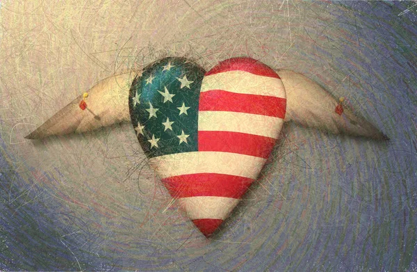 Usa Flag Corazón Alado Clavado Superficie — Foto de Stock