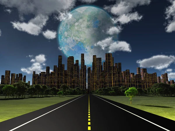 Nachtfahrbahn Zur Zukünftigen Stadt Terraformierter Mond Himmel Rendering — Stockfoto