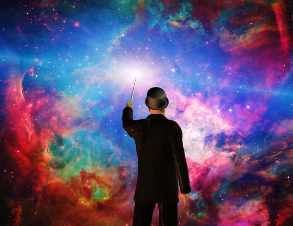 Man Suit Magic Wand Creates Universe — Stock Photo, Image