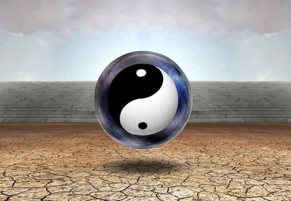 Surrealistyczna Sztuka Cyfrowa Yin Yang Wewnątrz Przestrzeni Bubble Jałowej Ziemi — Zdjęcie stockowe