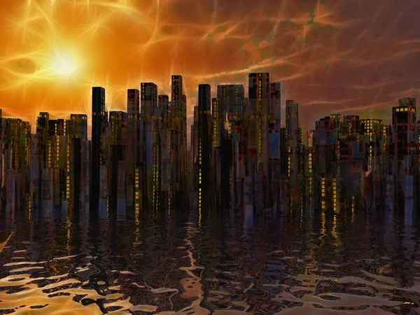 Stadt Wasser Sonnenuntergang Oder Sonnenaufgang — Stockfoto