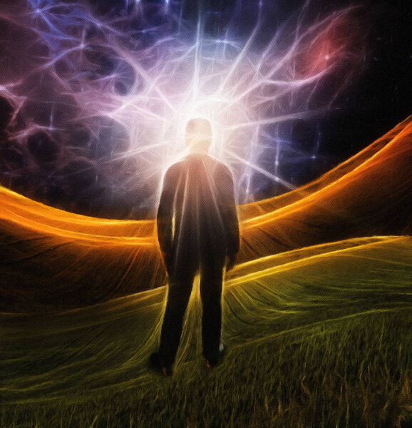 Explosion of imagination. Man stands in green field. Oil on Canvas