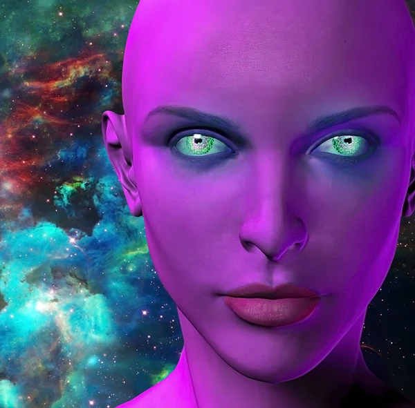 Rosto Uma Alienígena Universo Colorido Fundo Renderização — Fotografia de Stock