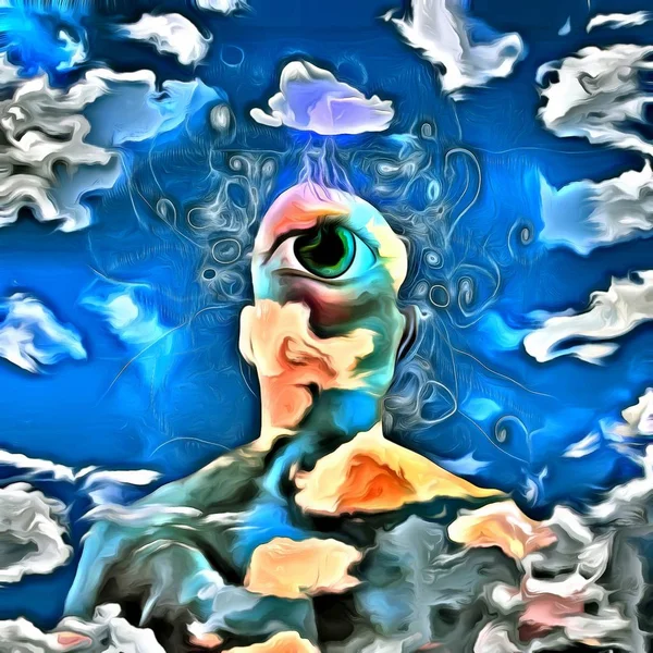 Surrealistyczny Obraz Figura Nagiego Mężczyzny Oczami Karku Burzliwa Chmura Nad — Zdjęcie stockowe