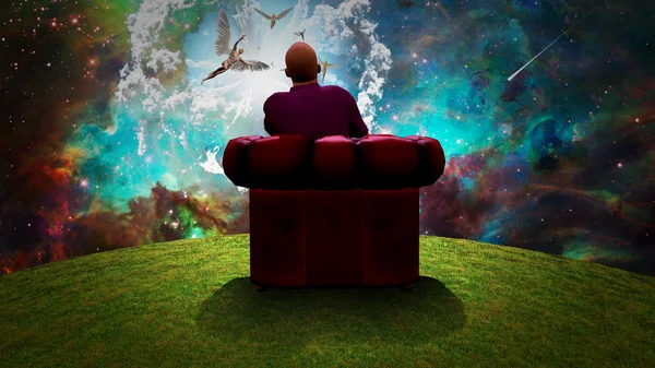 Surreal Composition Man Sits Red Armchair Observes Angels Vivid Sky — Stock Photo, Image