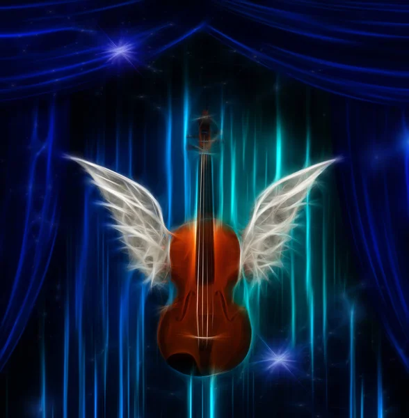 白い翼を持つバイオリン 青のカーテン — ストック写真