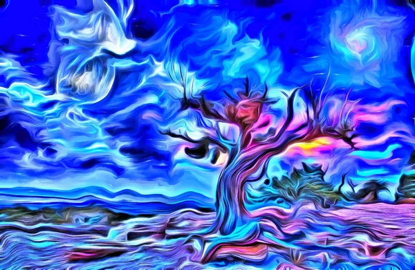 Surreal Painting Old Tree Full Moon Mystic Clouds Sky — Stock Photo, Image