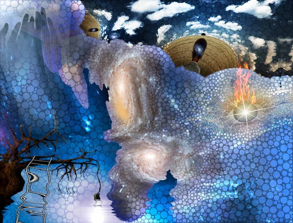 Baum Mit Hängender Glühbirne Mensch Mit Galaxienverstand Und Schwimmendem Flammenauge — Stockfoto