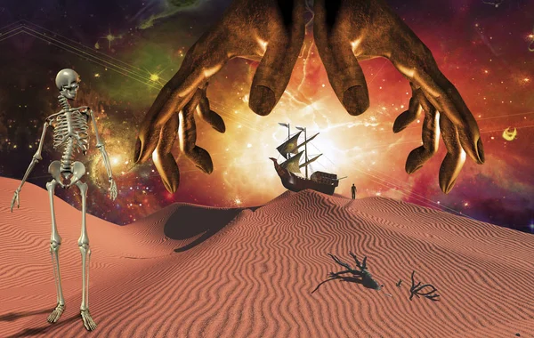 Guds Händer Över Surrealistiskt Röda Öknen Skelett Antika Skepp Sanddynerna — Stockfoto