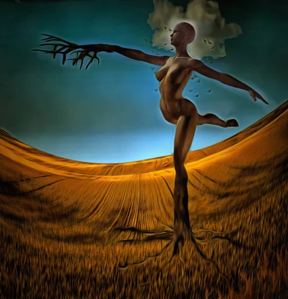 Surrealistický Obraz Nahá Žena Taneční Póze Kořeny Zemi — Stock fotografie
