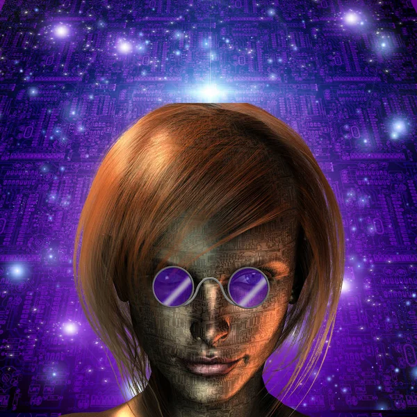 Girl Face Circuit Board Bckground Rendering — Stock Photo, Image