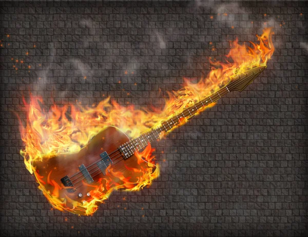 Guitarra Burning Bass Con Humo Contra Pared Piedra Gruesa — Foto de Stock