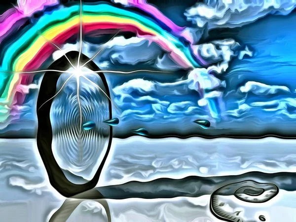 Surrealizm Krople Wody Przychodzi Poprzez Portal Niebo Spirala Czasu Tęcza — Zdjęcie stockowe