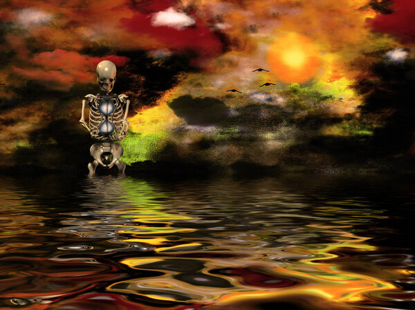 Surreal painting. Vivid sunset over water. Skeleton.