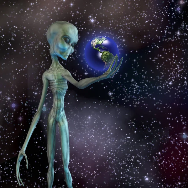 Außerirdisches Wesen Denkt Über Planeten Erde Nach — Stockfoto