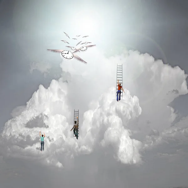 People Clouds Winged Clocks Represents Flow Time — Stock Photo, Image