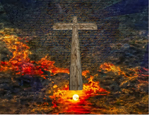 Surrealistisch Digitale Kunst Christelijke Kruis Boven Het Wateroppervlak Levendige Subset — Stockfoto