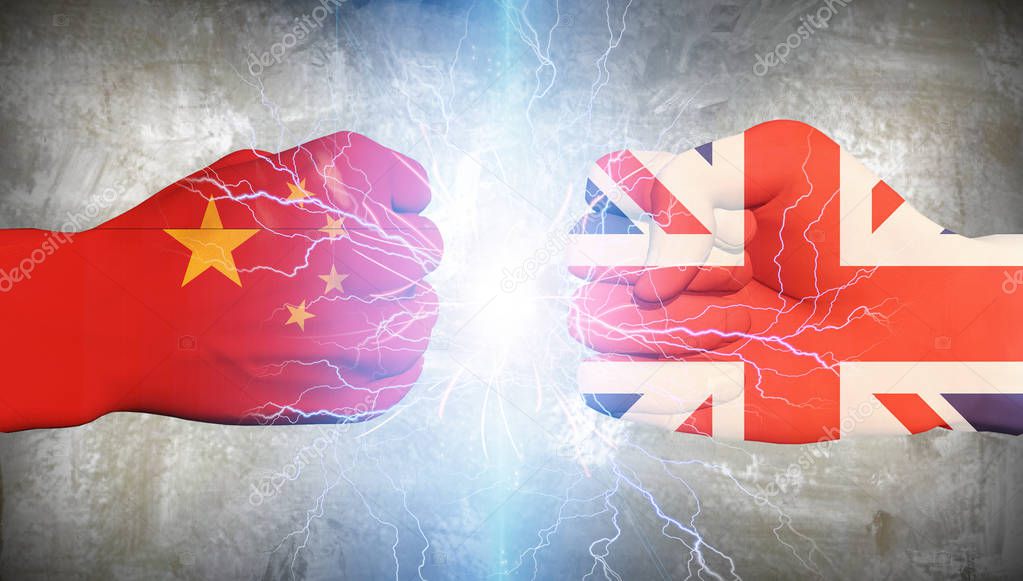 Human fists in national colors. UK vs China