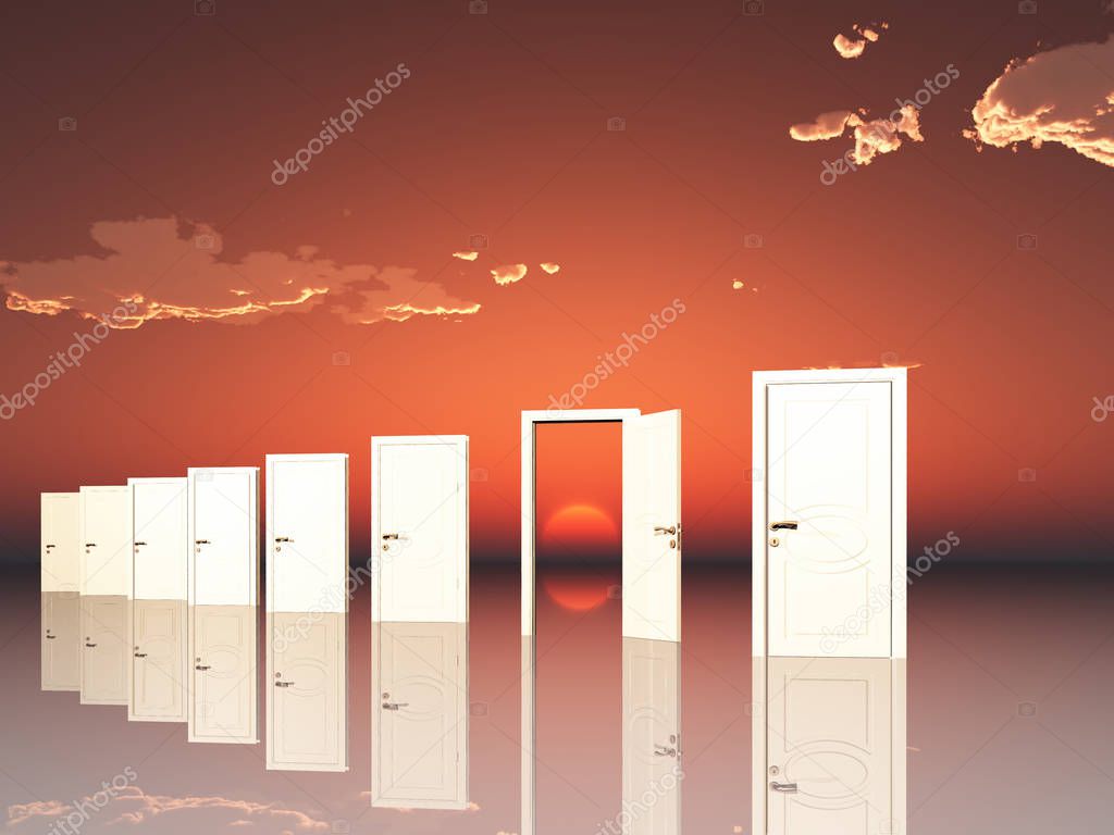 Single open door in surreal landscape with setting or rising sun
