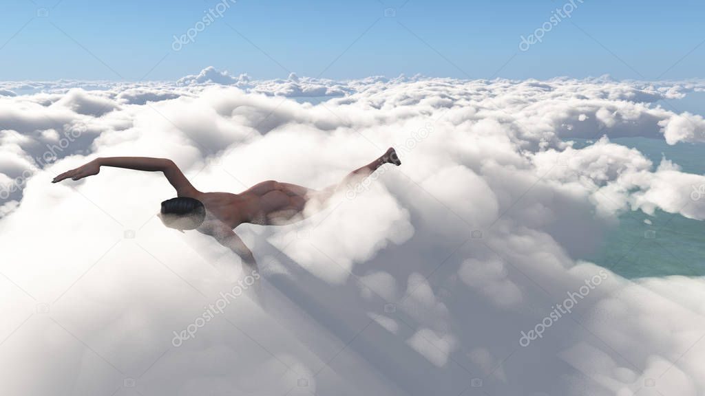 Surreal composition. Swimmer in sky