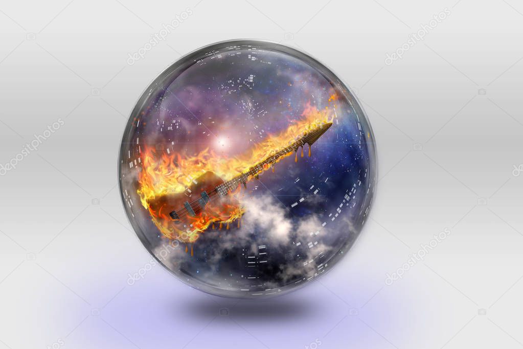 Flaming Bass Guitar inside crystal sphere
