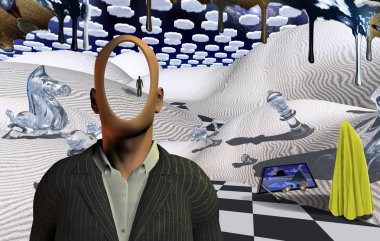 Satranç figürleriyle gerçeküstü çöl. Takım elbiseli meçhul adam. Uzakta duran bir insan figürü. Resim, fırça ve boya. Türbanlı adam figürü.