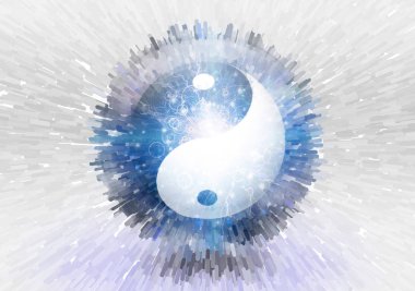 Yin Yang sembolü cam kürenin içinde. 3B görüntüleme