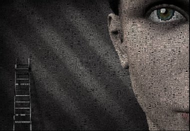 Surreal digital art. Woman's face and ladder. Picture is composed entirely of the words. clipart
