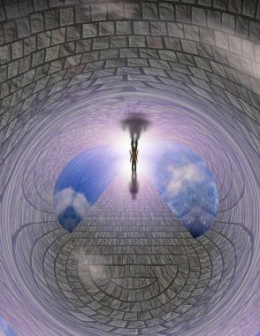 Man walks on a stone road to bright light. 3D rendering clipart