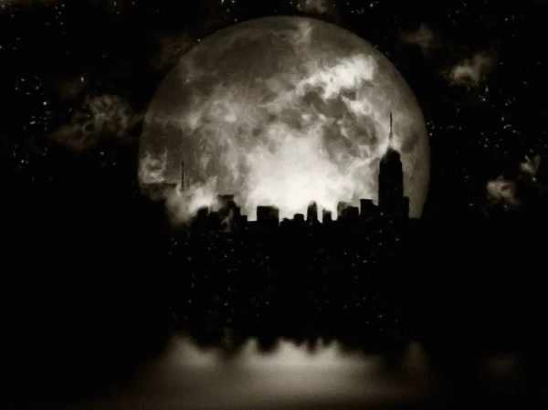 Representación Luna Llena Sobre Ciudad Nocturna Óleo Sobre Lienzo — Foto de Stock