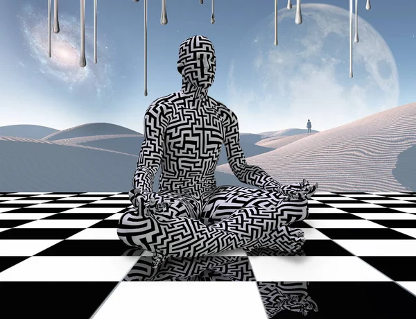 Surrealismo Homem Com Padrão Labirinto Senta Pose Lótus Tabuleiro Xadrez — Fotografia de Stock