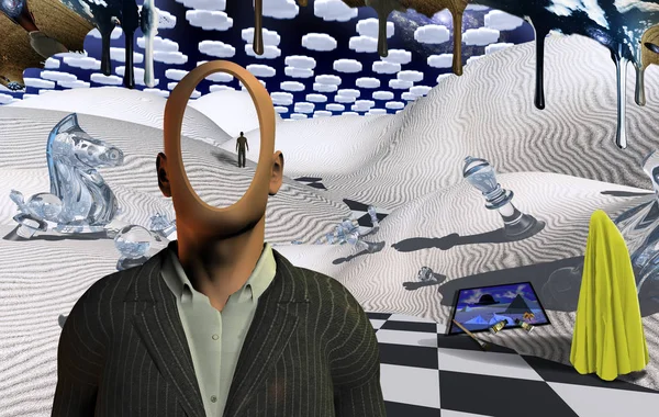 Satranç figürleriyle gerçeküstü çöl. Takım elbiseli meçhul adam. Uzakta duran bir insan figürü. Resim, fırça ve boya. Türbanlı adam figürü.