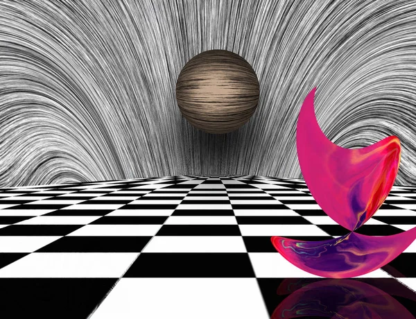 Surreal Composition Pink Matter Sphere Chessboard — Stock Photo, Image