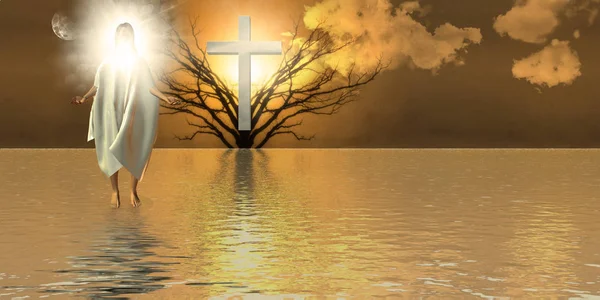 Walk Water Jesus Shining Cross — Stock Photo, Image