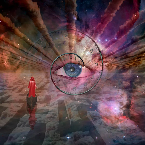 Figur Rotem Gewand Schwebt Gottes Auge Über Dem Wolkenlabyrinth — Stockfoto