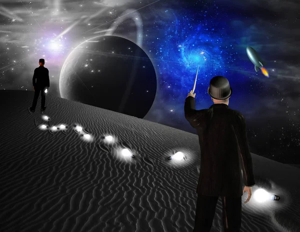 Mann Zeigt Science Fiction Szene Auf Galaxie — Stockfoto