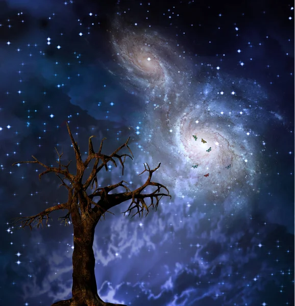 Alter Blattloser Baum Verschmelzende Galaxien Himmel — Stockfoto
