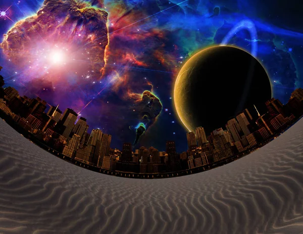 Surreale Landschaft Wüstenstadt Großer Planet Lebendiger Galaxie — Stockfoto