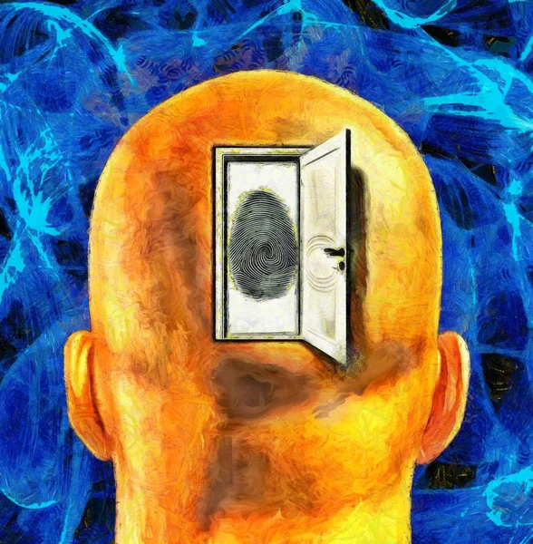 Oil Painting. Man\'s head with opened door and fingerprint