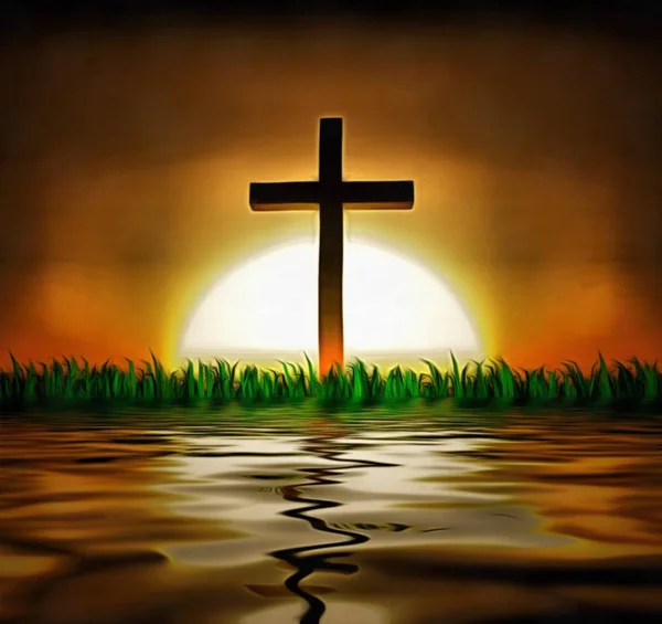 Kreuz Und Sonne Über Dem Wasser — Stockfoto