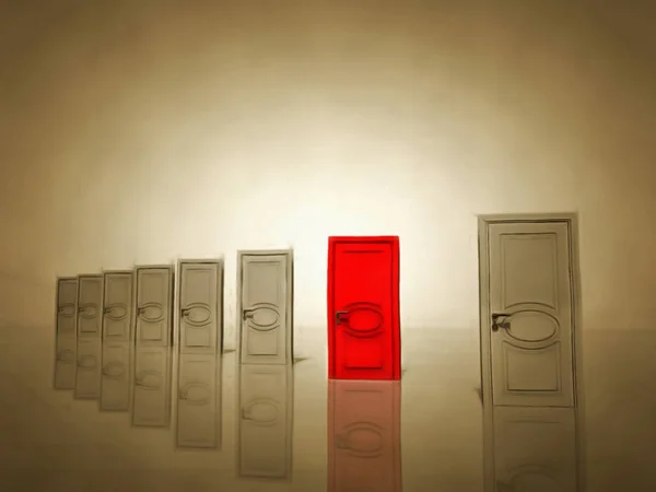 Surrealismus Sieben Weiße Türen Und Eine Rote Tür Symbolisieren Die — Stockfoto