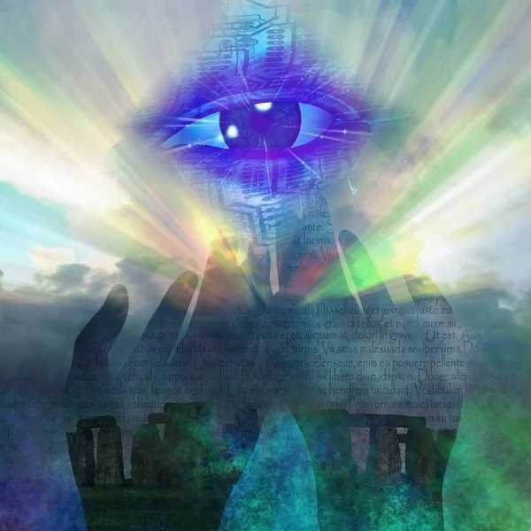 Cyber Eye Strålar Ljus Över Stonehenge Latinsk Textbakgrund — Stockfoto