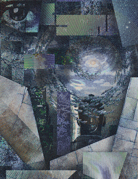 Metaphysical Abstract. Lines radiate outward from center of swirling school of fish, with human being and large watchful eye and irregular shapes and patterns in dimensional abstract. Some elements provided courtesy of NASA