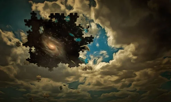 Surreal Digital Art Clouds Falling Apart Pieces Puzzle Galaxy Starry — Stock Photo, Image