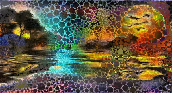 Sunset Forest Lake Circles Pattern — Stock Photo, Image