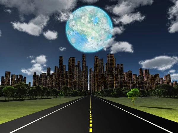 Strada Notturna Città Futura Luna Terraformata Nel Cielo Rendering — Foto Stock