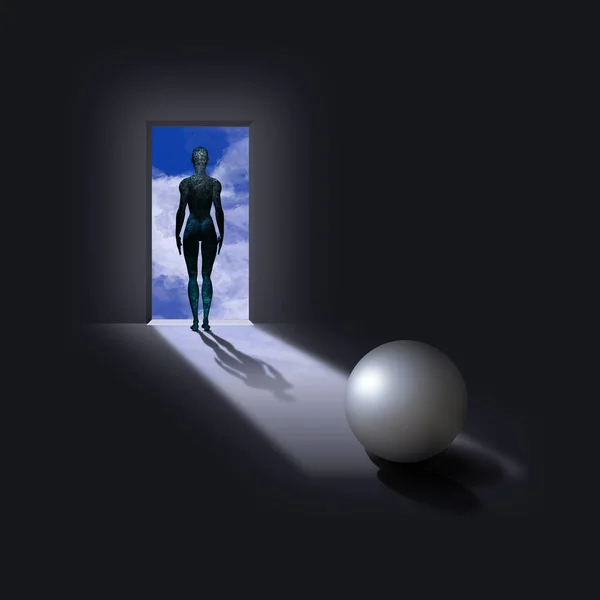 Surreal Composition Droid Woman White Sphere Empty Room — Stock Photo, Image